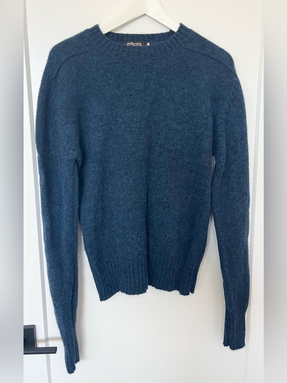 Vintage Macys California Men Size L Blue Shetland Wool Crewneck Sweater Knit USA
